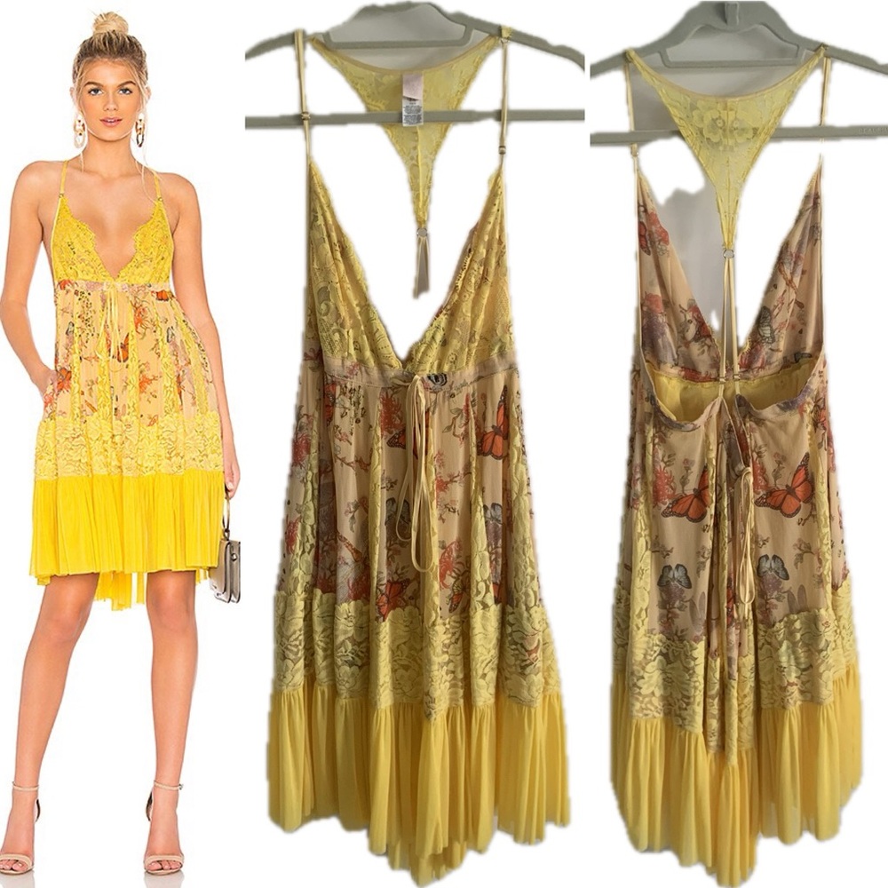 We are HAH butter butterflies scalloped lace and mesh fairy core slip mini dress